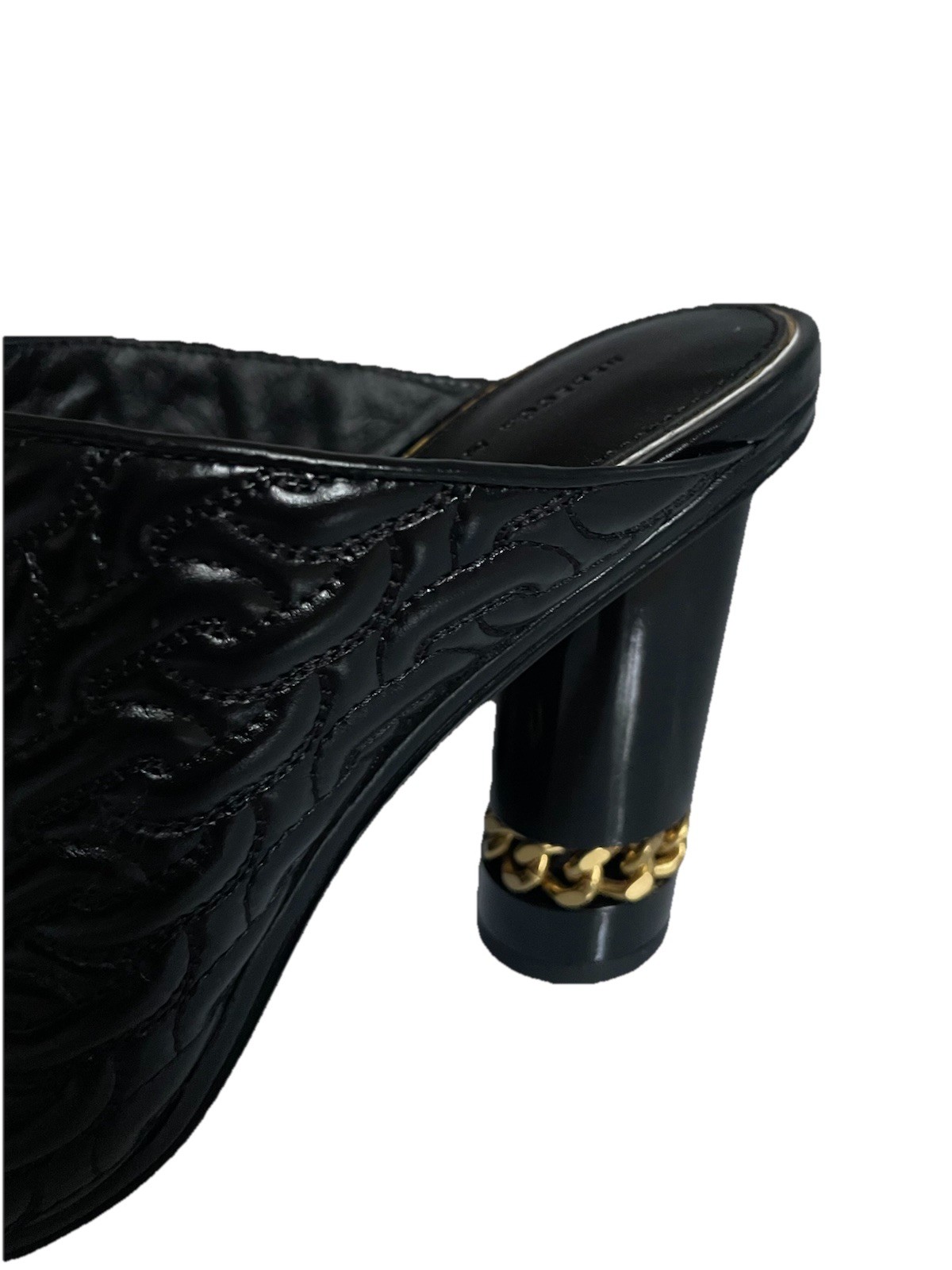 Rebecca Minkoff Black Quilted Leather Chain Open Toe Slip-On Mule Heels 10