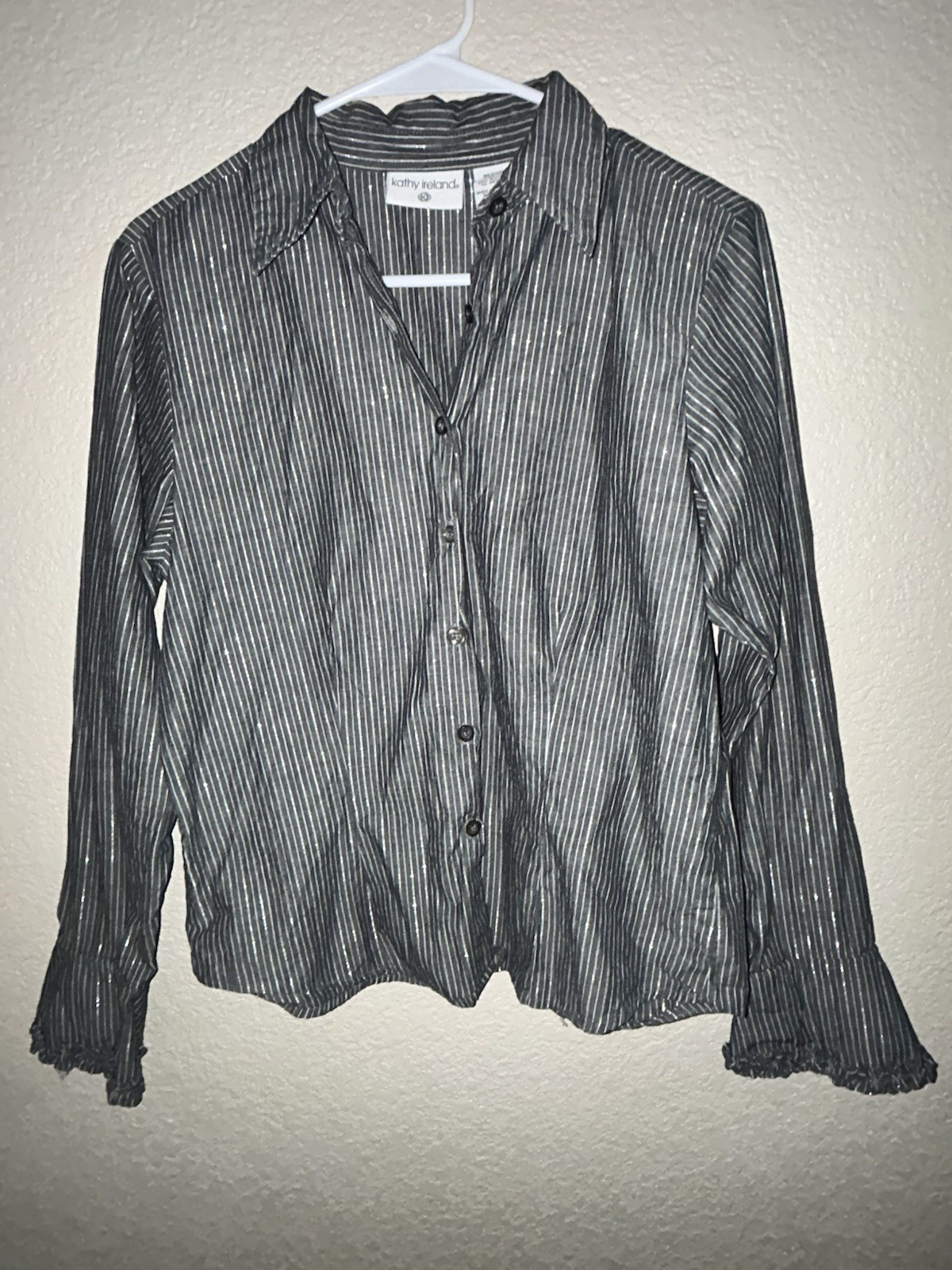 Kathy Ireland Pinstripe Glitter Ruffle Sleeve Button Down Shirt Medium