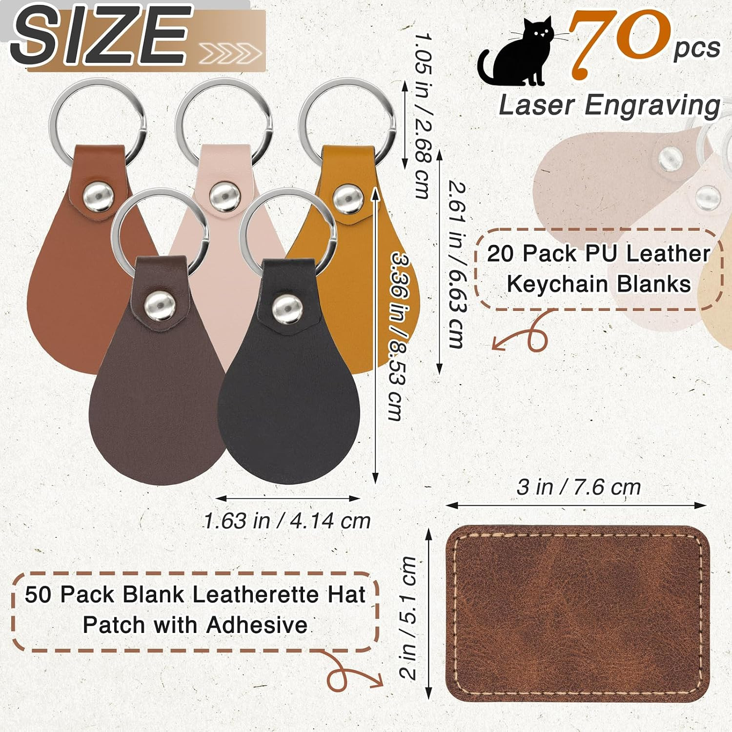 70 Pcs Lasable Engravable Blanks 50 Pack Blank Leatherette Hat Patch with