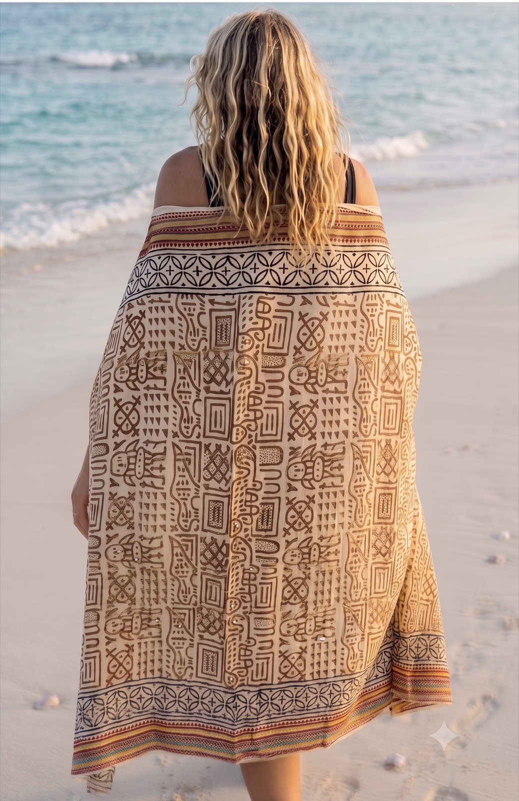 Gold silk edged 100% cotton hand block printed Zari sarong scarf shawl boho