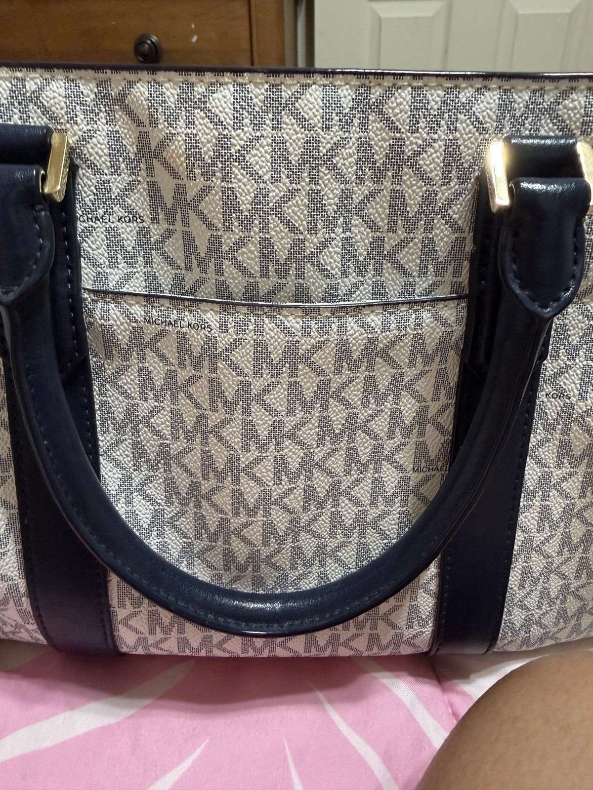 Michael Kors Medium Satchel Top Handle MK Logo Stripe Zip Gold Lock & Key