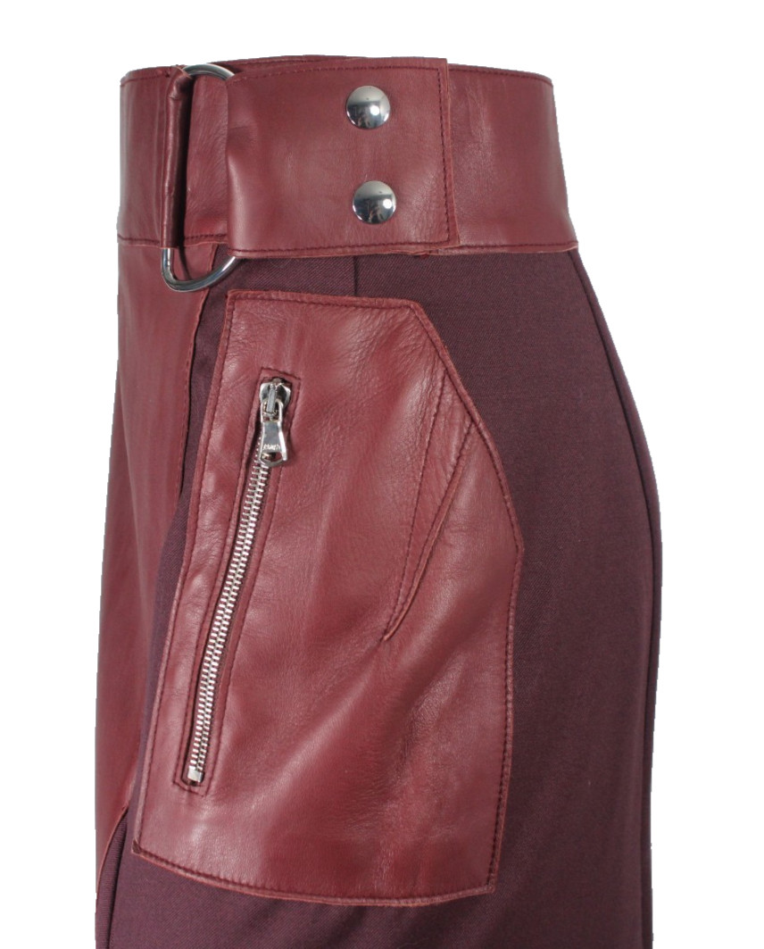 3.1 PHILLIP LIM Crimson Red Leather & Wool Twill Asymmetric A-Line Skirt 8