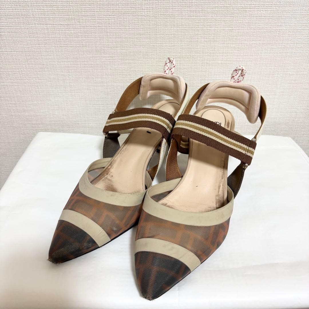 Fendi Colibri Slingback Pumps FF Logo Mesh Brown Women’s Size EU39/US9