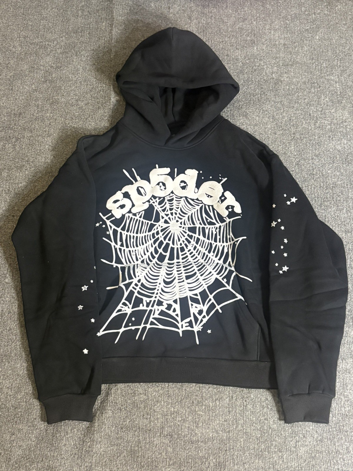 sp5der Men’s Size small Black/White Pullover Hoodie Spider Web Graphic Fleece