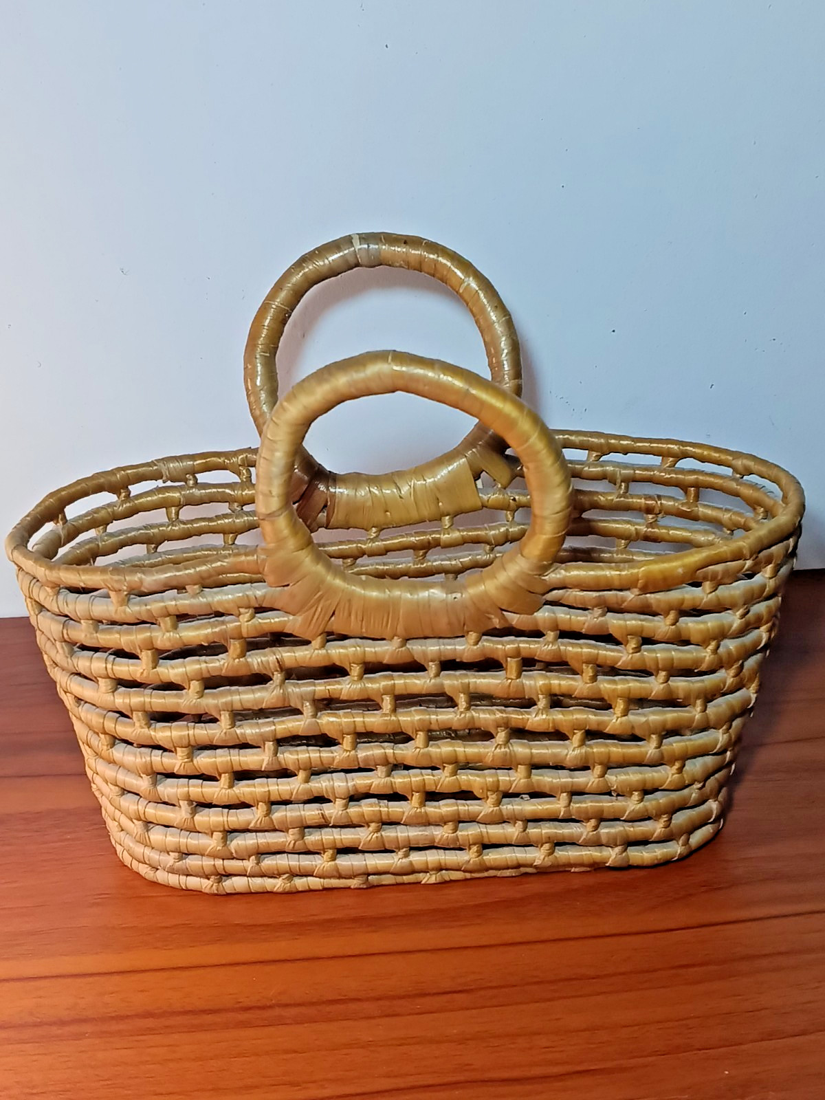Handmade Vintage Natural Fiber Woven Weaved Top Handle Tote Bag tightly woven