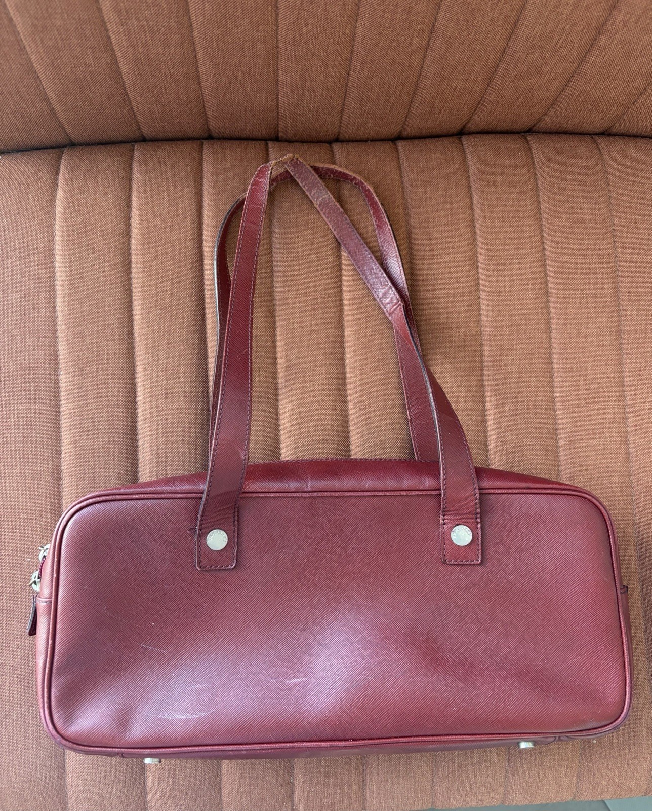 Authentic Burberry Nova Check East West Leather Shoulder Bag Burgundy Italy made