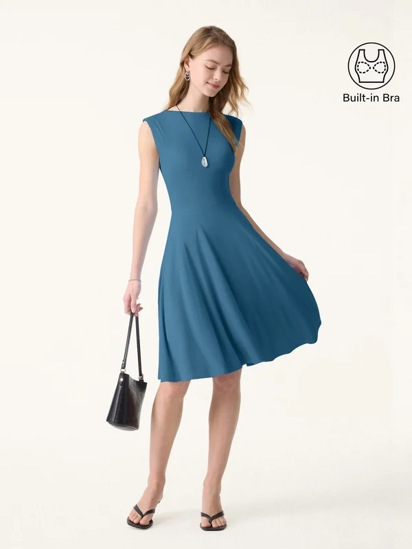 Ogl SkinKiss Boatneck Wide Shoulder Bra Dress with Pockets in Dark Marine