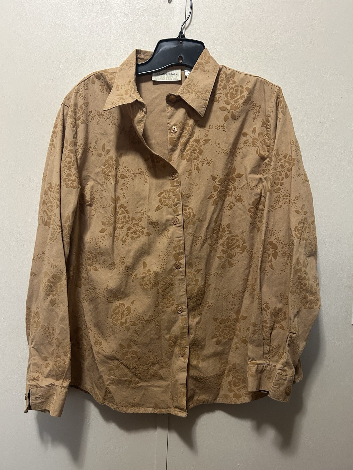 Lemon Grass Women’s Beige Button Up Long Sleeve Floral Print Size L