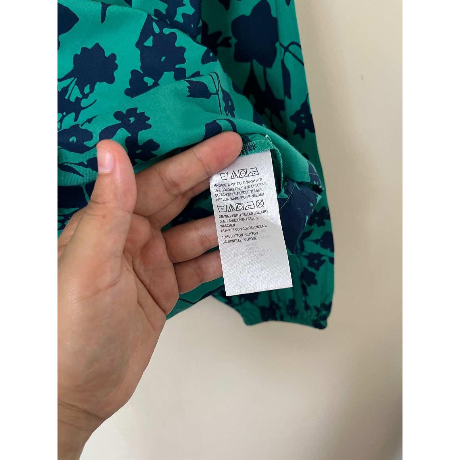 Candace Cameron Teal Green Navy Blue Floral Cotton Blouse Long Sleeve M boho