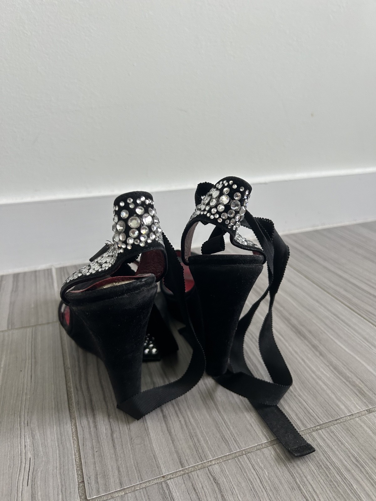 Cesare Paciotti Platform Heels Women Black Suede Rhinestone Ankle Wrap Sandals