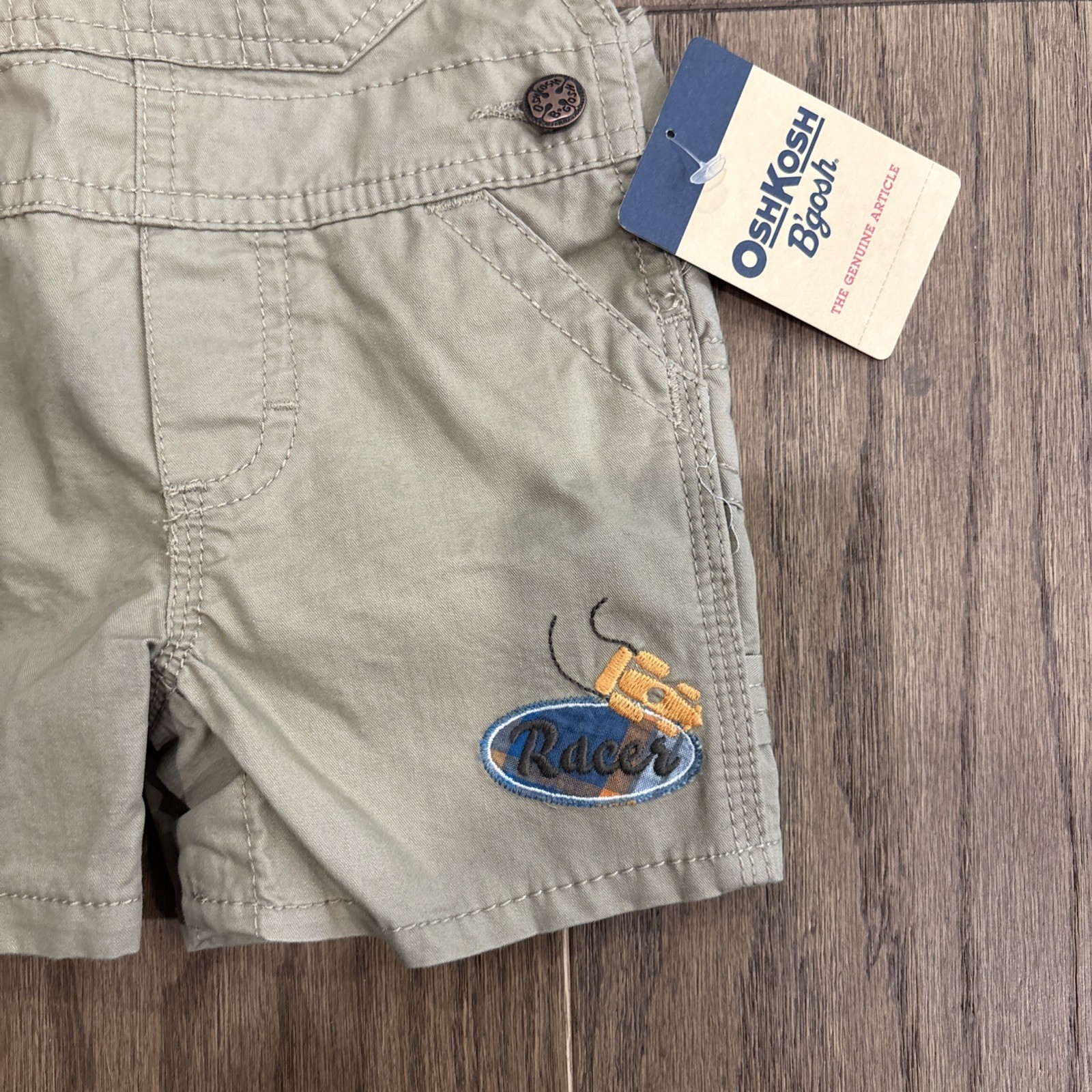 OshKosh B’Gosh Khaki Shorts Overalls W/ Highway 95 & Racer Car Size 3 Month