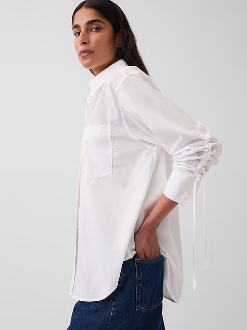 NEW – GAP, Organic Cotton Poplin Oversized Ruched-Sleeve Shirt – SALE OFF