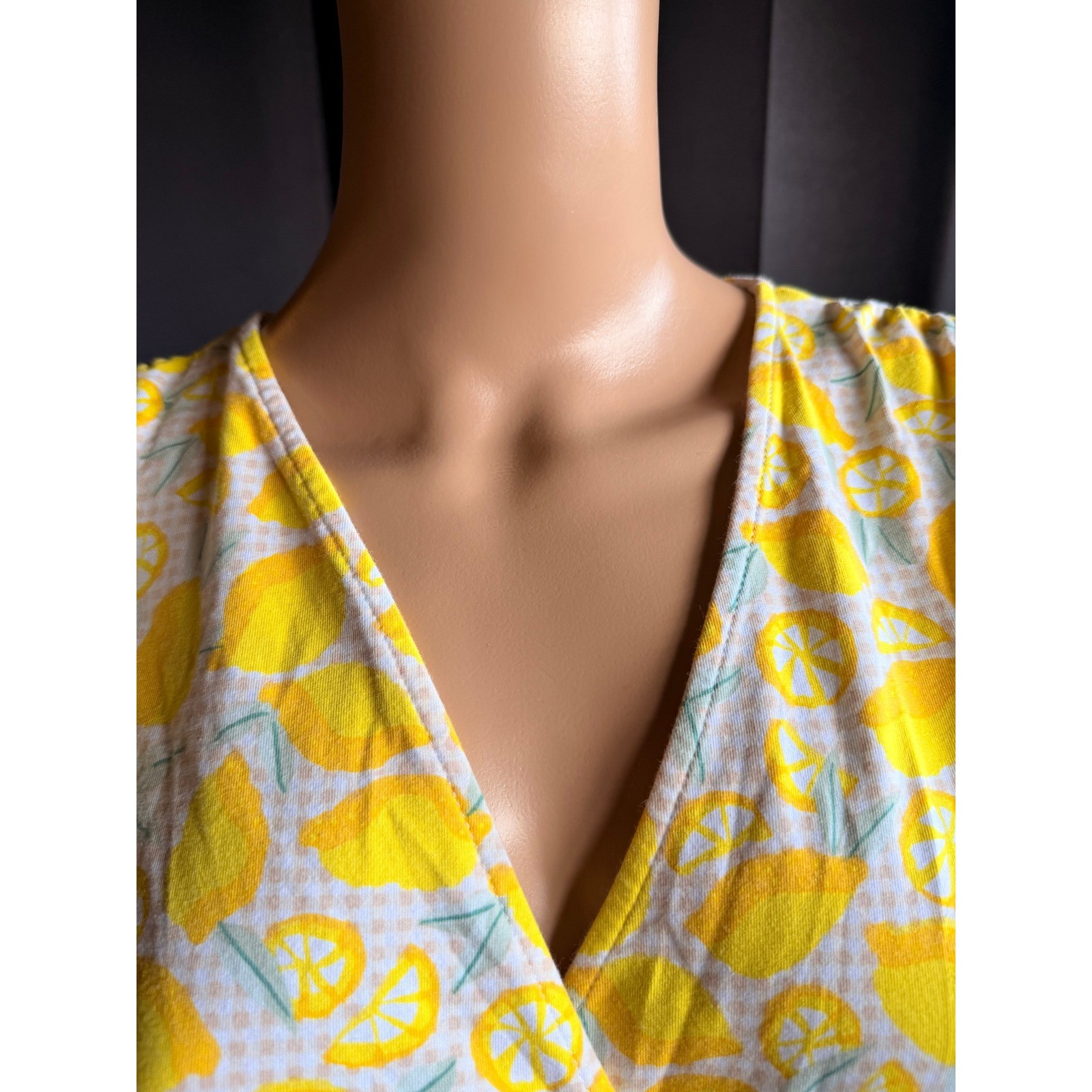 Lands End Yellow Lemon Print Faux Wrap Dress Size MP Sleeveless Gingham Tropical