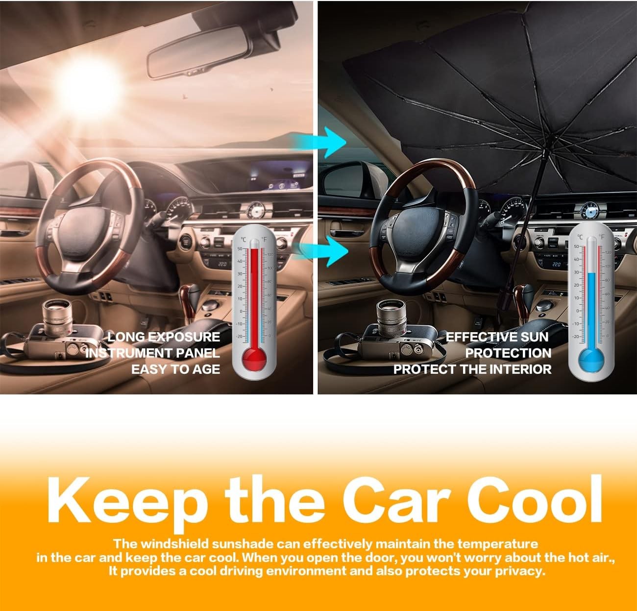 55″ x 31″ Car Sunshade Umbrella, Upgraded Windshield Cover Sun Shade, UV Reflect