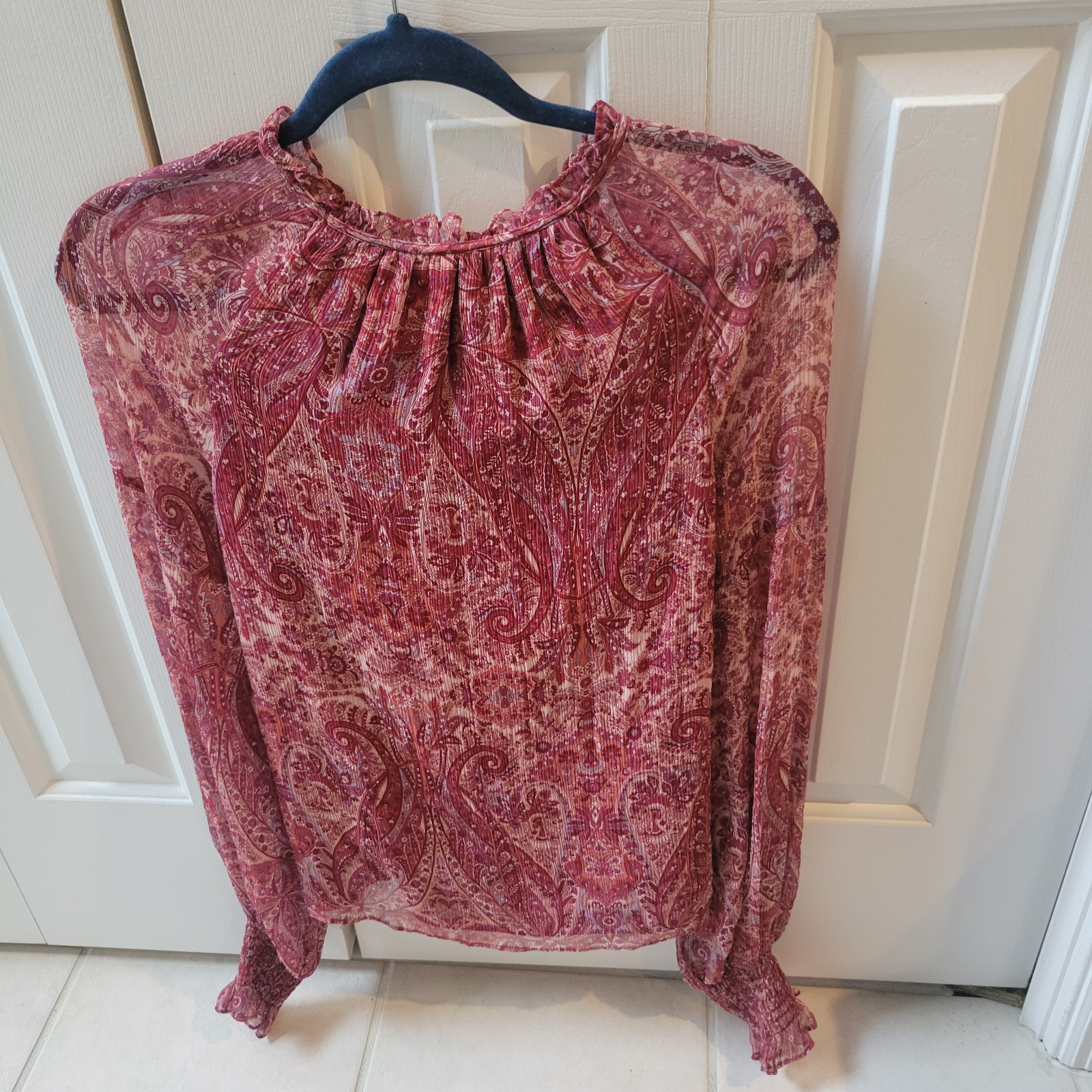 Ramy Brook Luanne Silk Blouse Red Paisley Boho Peasant Smocked Sleeve Small NEW