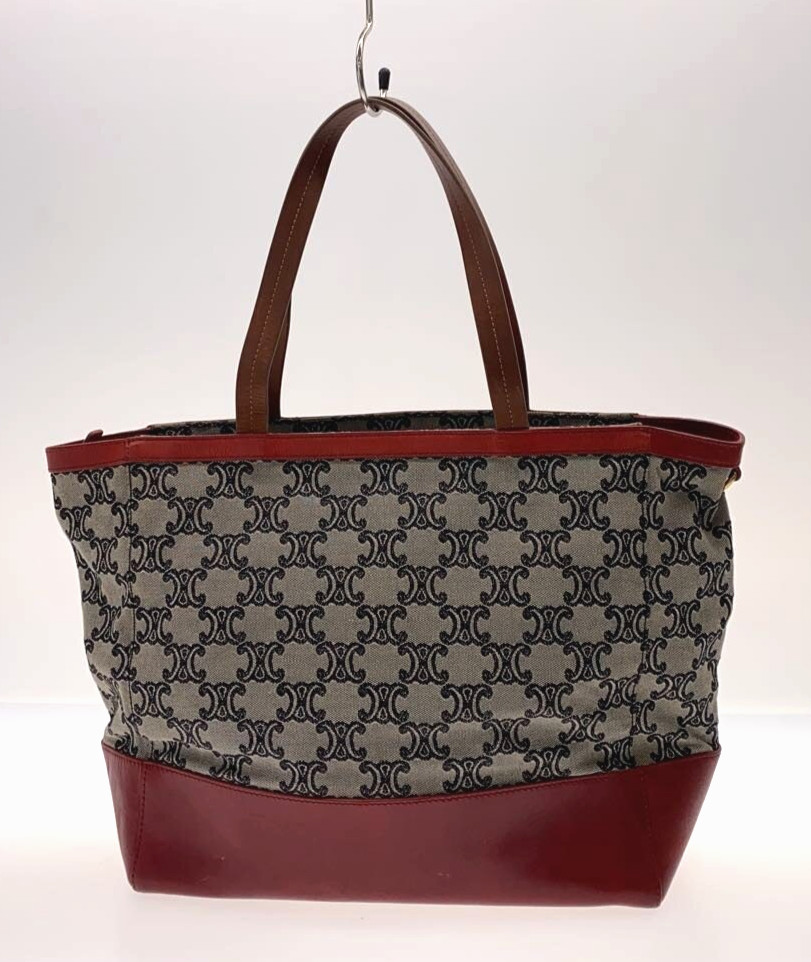 CELINE C Macadam Tote Bag Gray Burgundy Canvas Leather Italy Vintage S0006