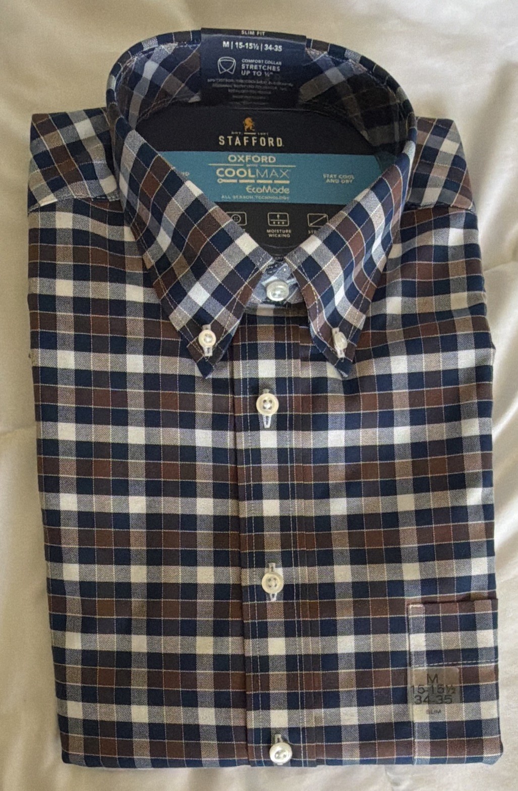 Stafford Oxford CoolMax EcoMade Slim Plaid Dress Shirt Blue/Brown 15-15.5 34-35