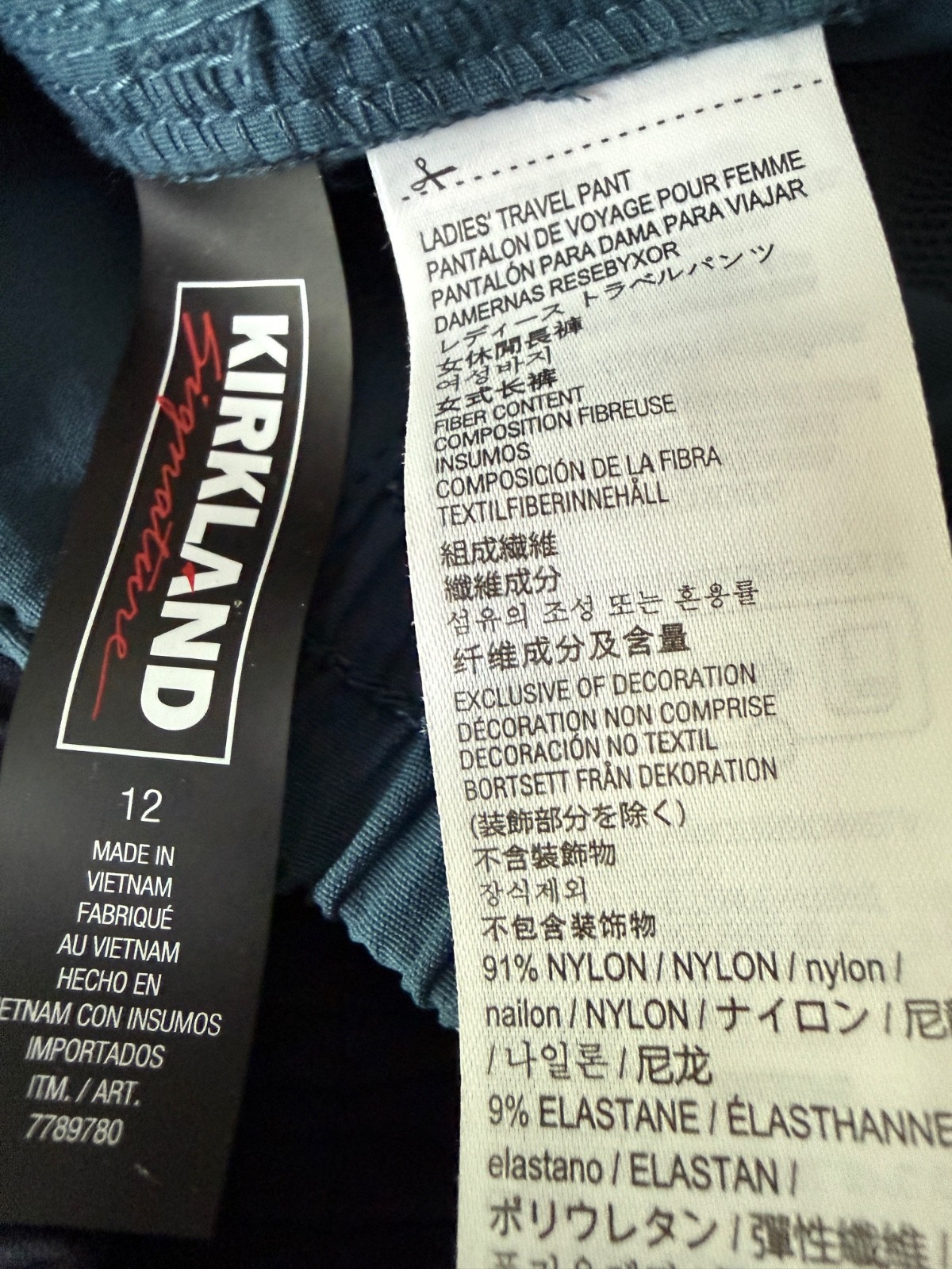 Kirkland Ladies Travel Pants. Three pair. Black, Medium blue, Navy size 12