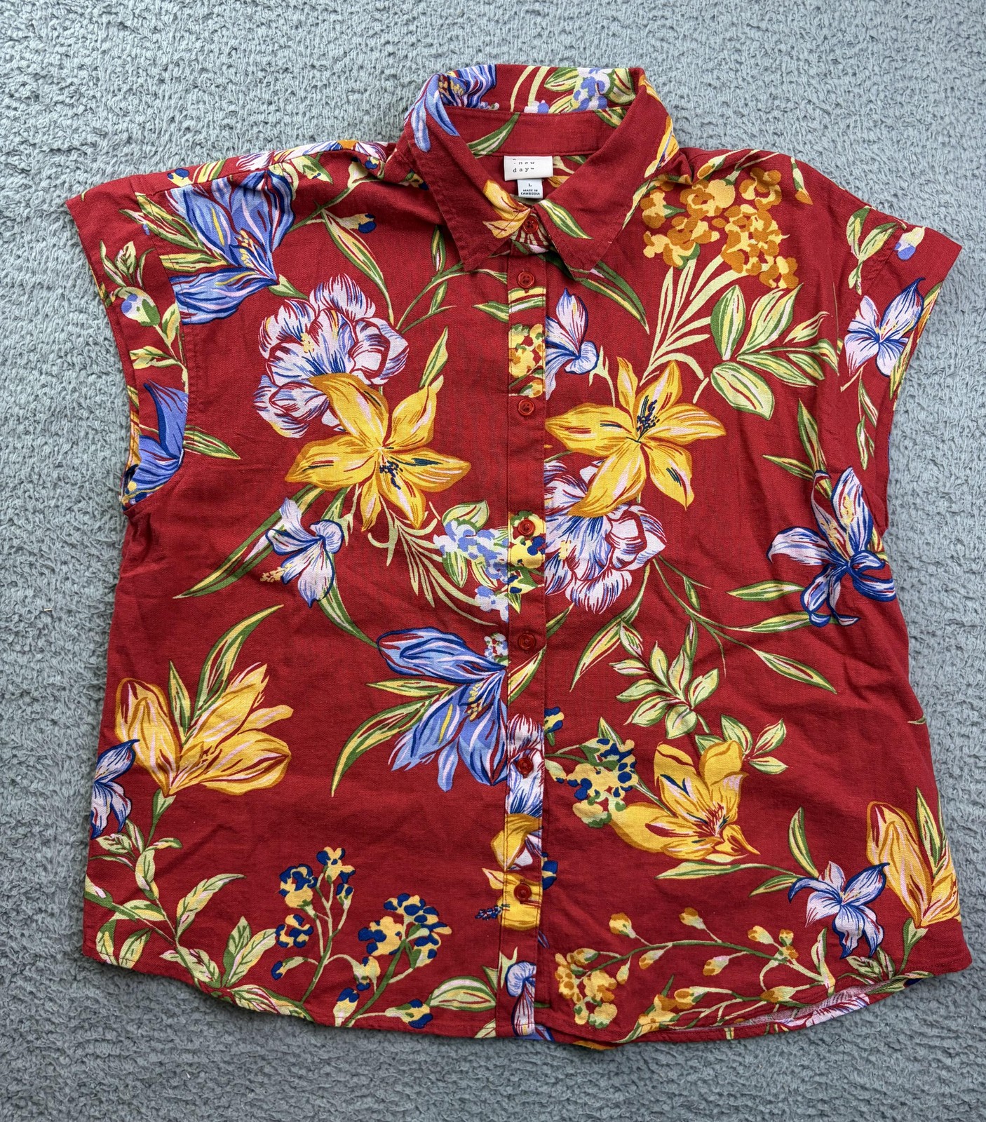 A New Day Blouse Womens Large Red Floral Button Front Collared Linen Tropical