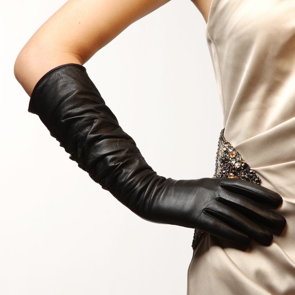 Womens Genuine Nappa Leather Ruched Elbow Long Lined Gloves On Sale #012