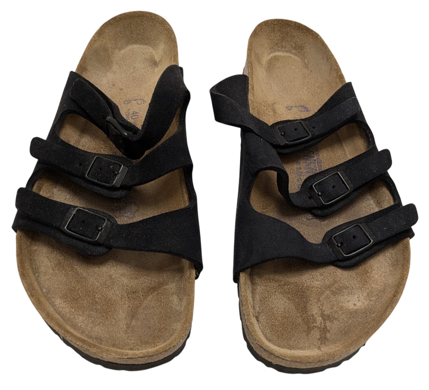 40 L9 M7 Birkenstock Florida Black Suede Soft Footbed Sandals Size 9 German Made