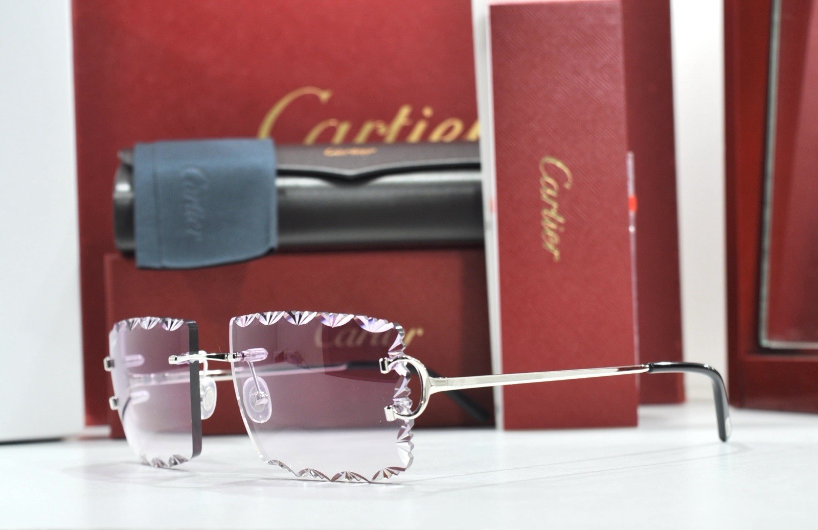 Cartier rimless sunglasses piccadilly glasses Diamond Cut BIG C silver Frame