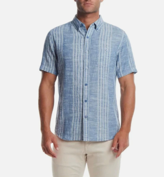 Weatherproof Vintage Men’s Linen Cotton Blend Woven Shirt, Blue, Large