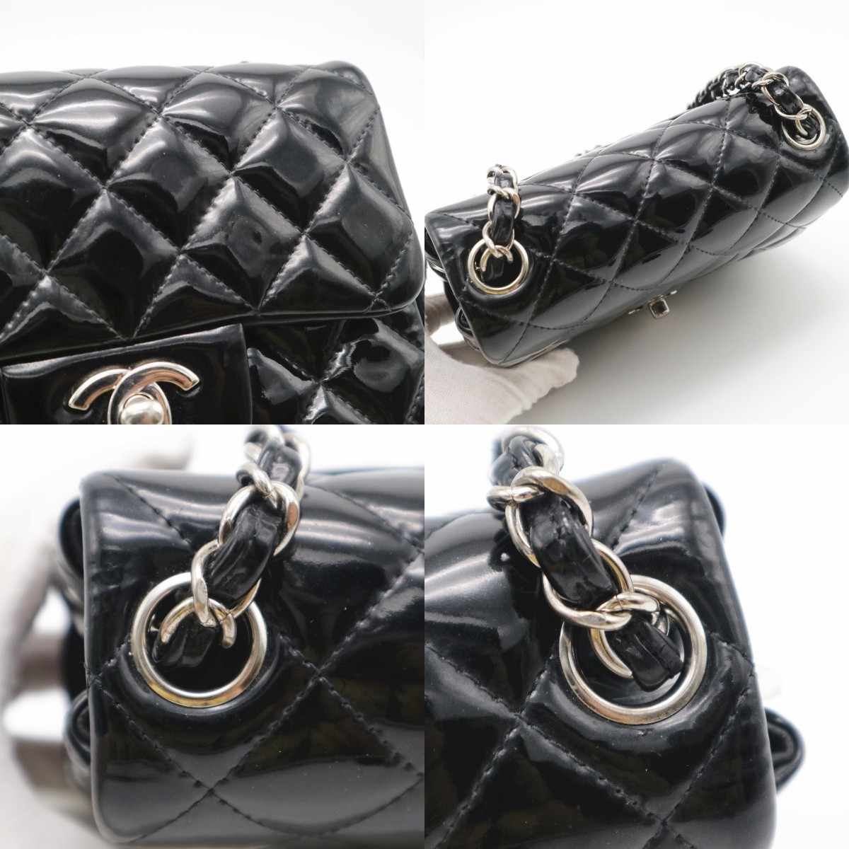 Chanel Black Mini Classic Square Flap Bag Silver Hardware Patent Leather