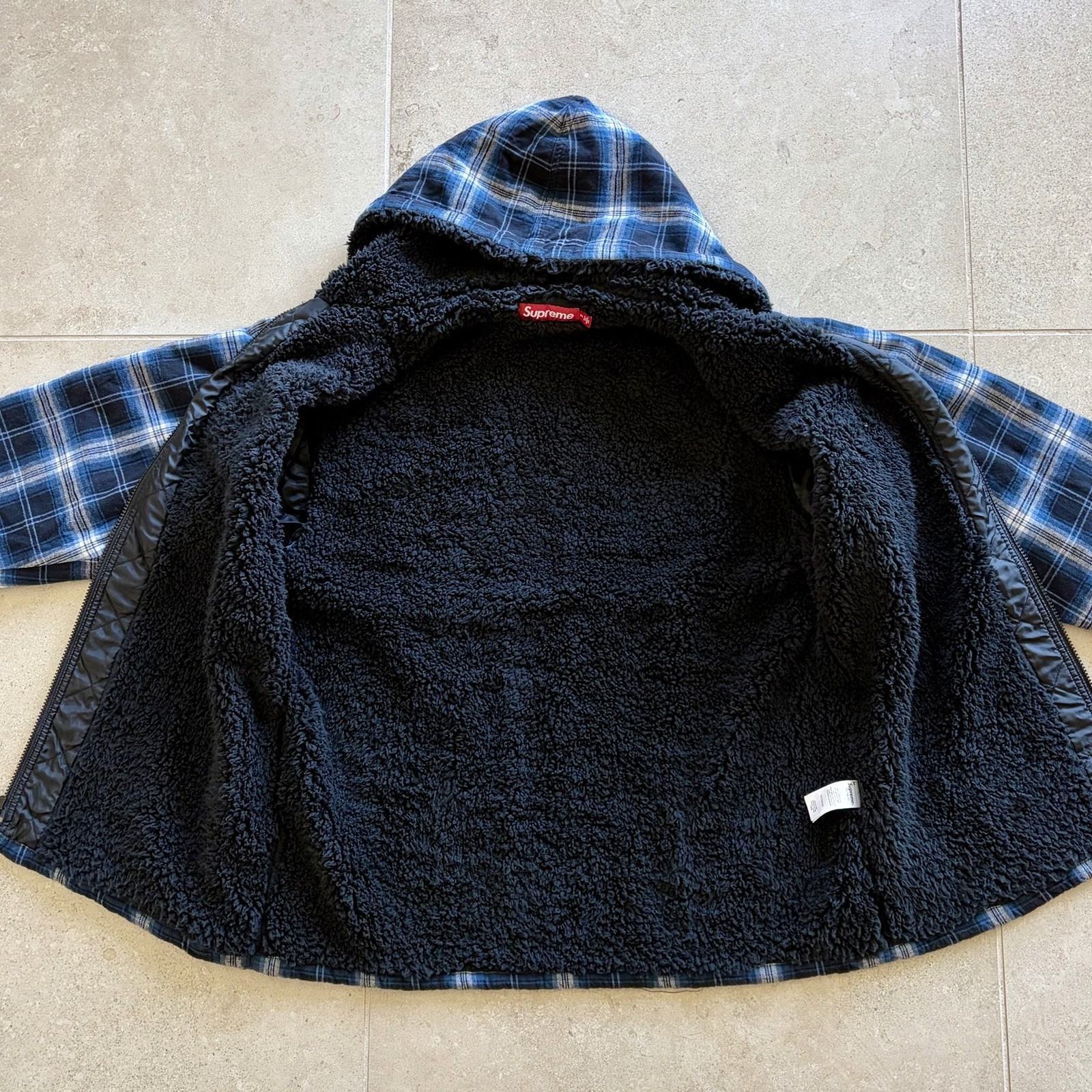 Supreme Men’s Plaid Hooded Zip Jacket Sherpa Lined Blue/Black/White M