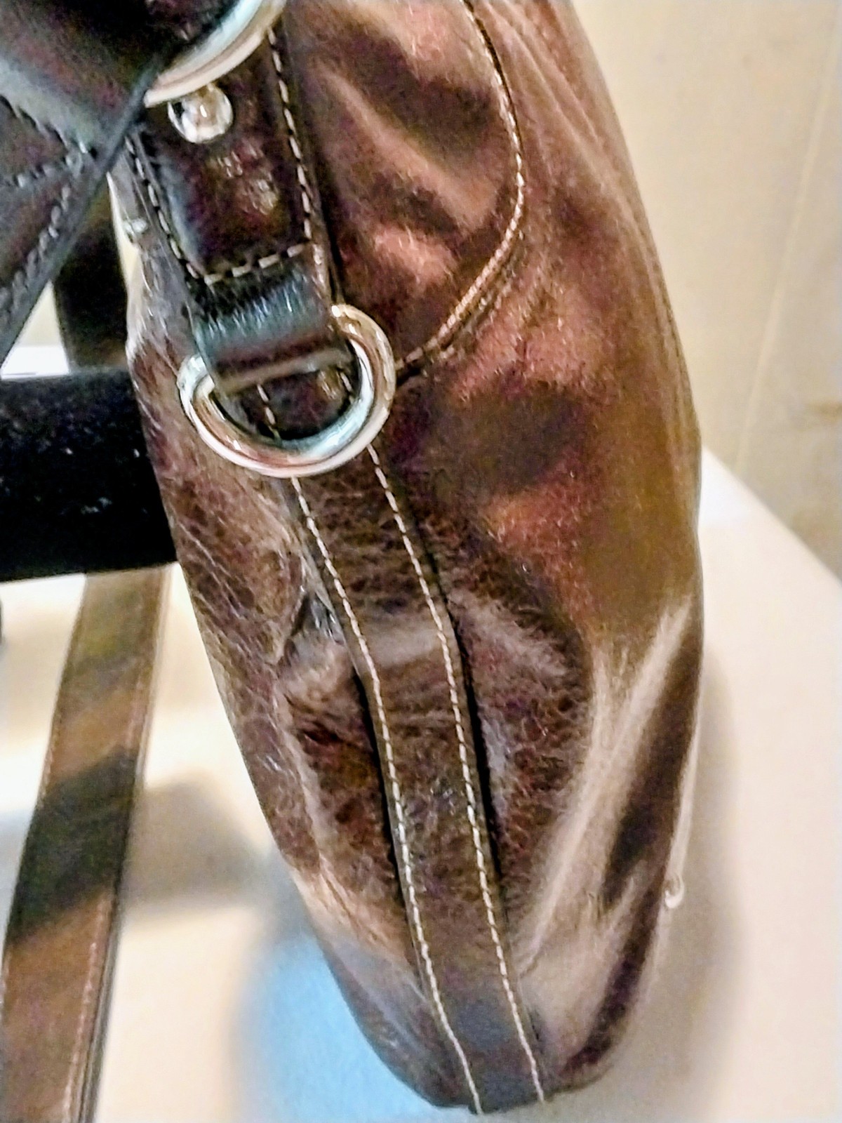 TERRA Caramel Brown Glazed GENUINE LEATHER Stud Detail Crossbody Shoulder Bag
