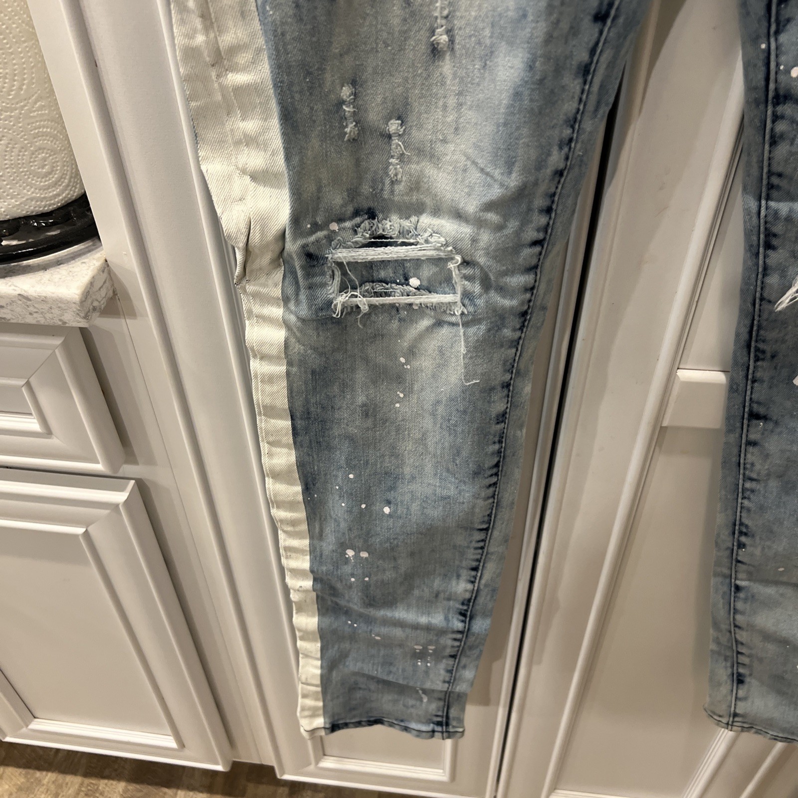WAIMEA Lt. Blue/White Stripe Distressed Stretch Denim Mens Skinny Fit 32×32 NEW