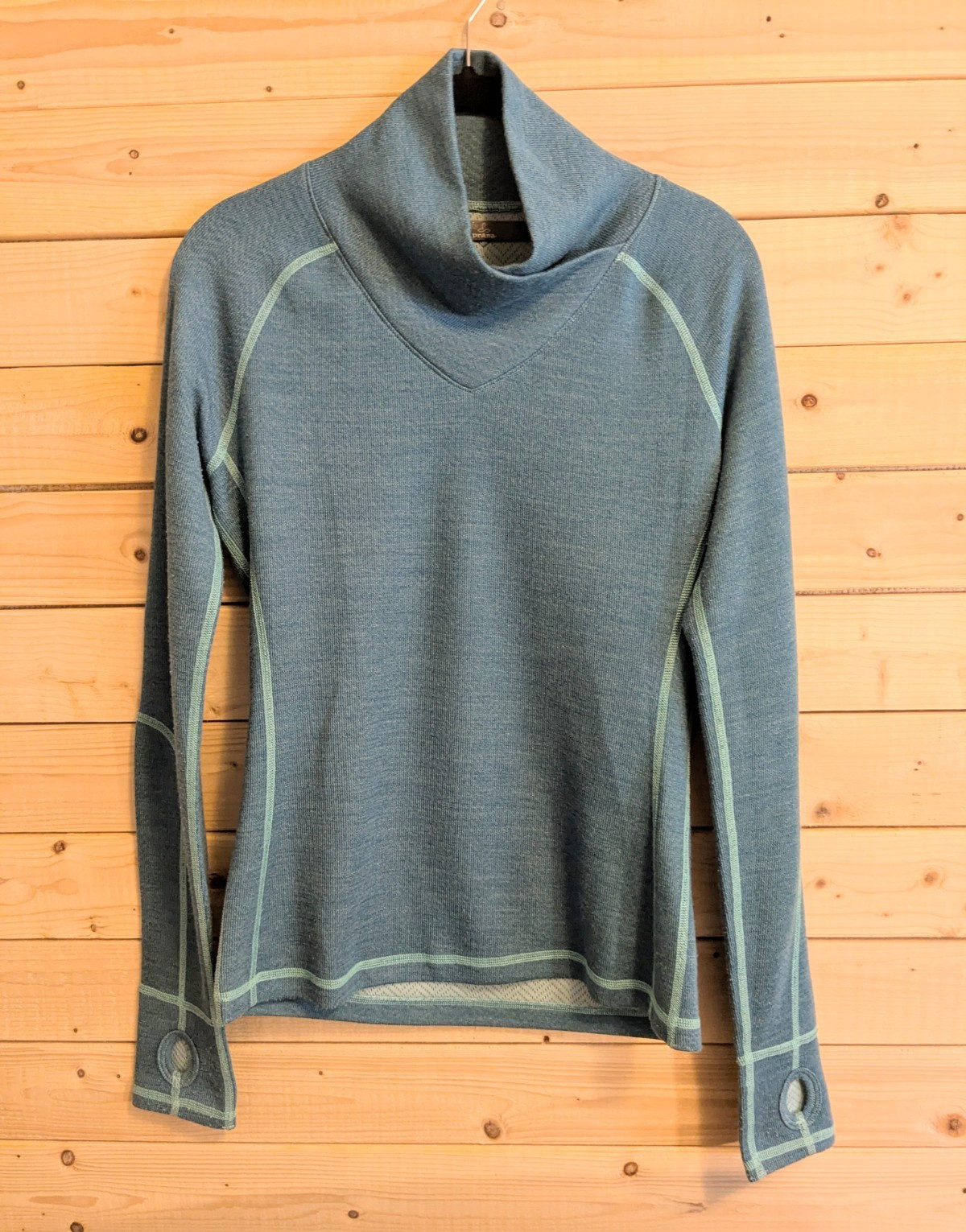 prAna Women’s Teal Cowl Neck Long Sleeve Stretch Raglan Knit Pullover, S