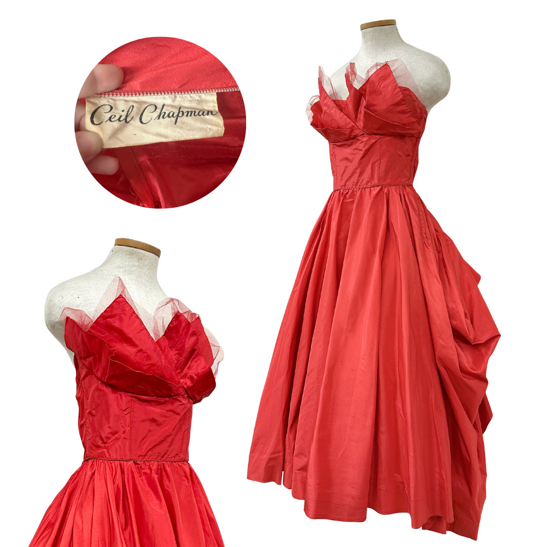 Vintage 1950s Ceil Chapman Red Taffeta Draped Bustle Pointed Bust Dress