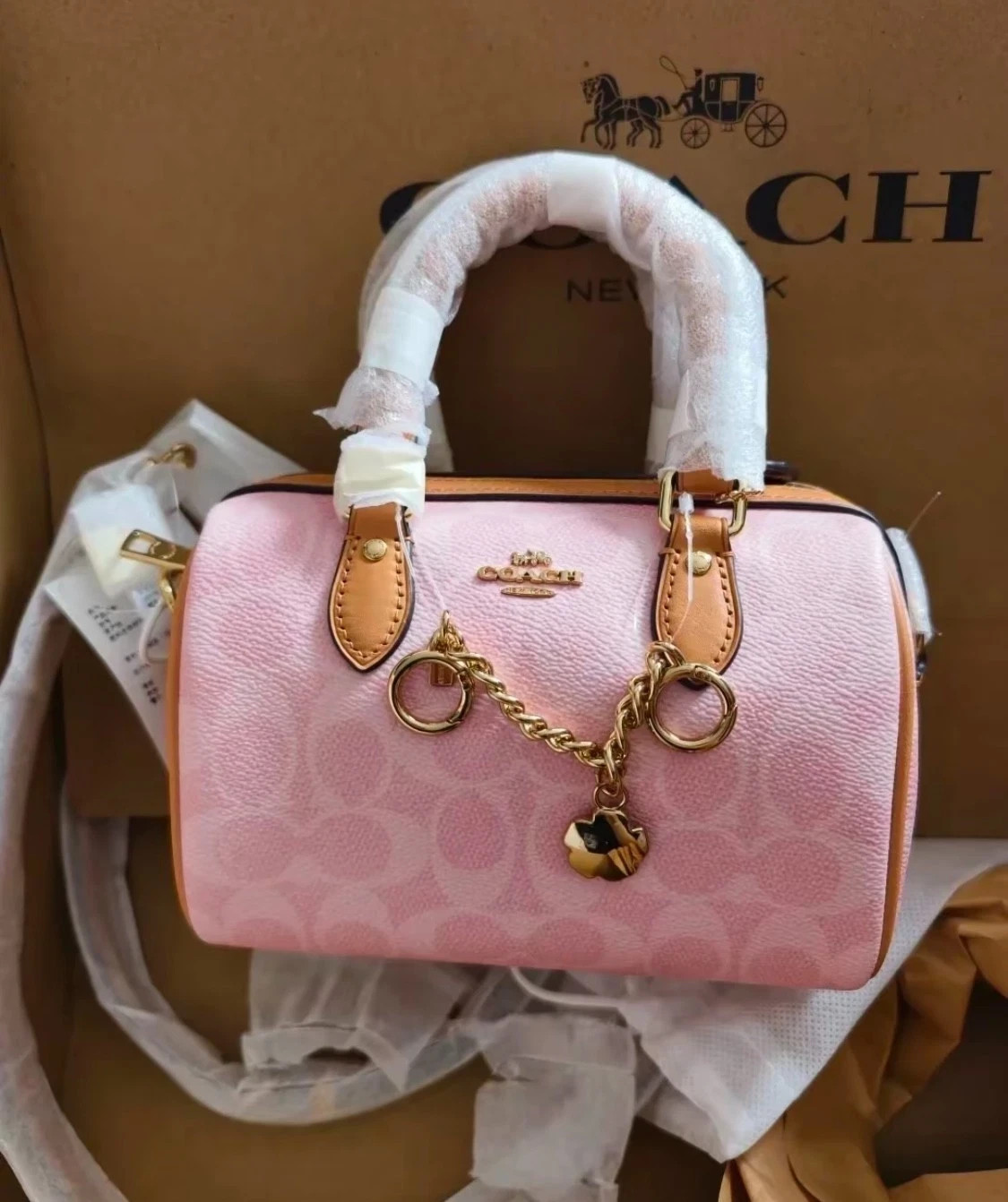 Coach Mini Rowan Crossbody Bag In Signature With Charms in Powder Pink CEK79
