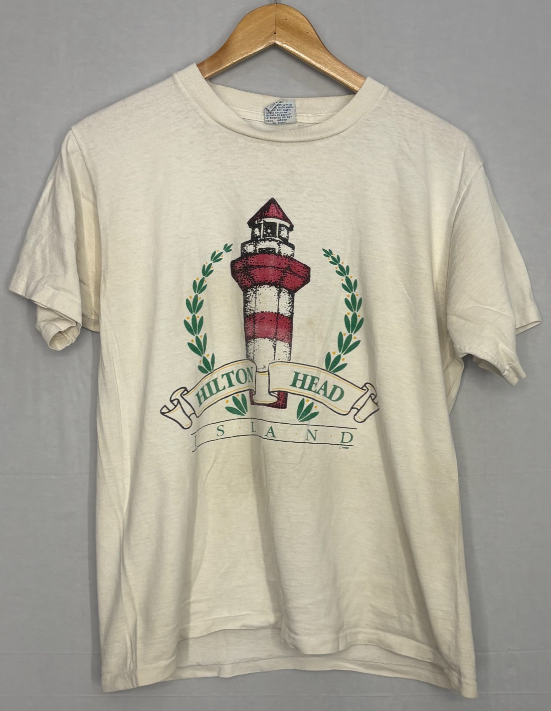 Hilton Head Island T Shirt Men’s Ivory Light House Large Vintage 90s Cal Cru