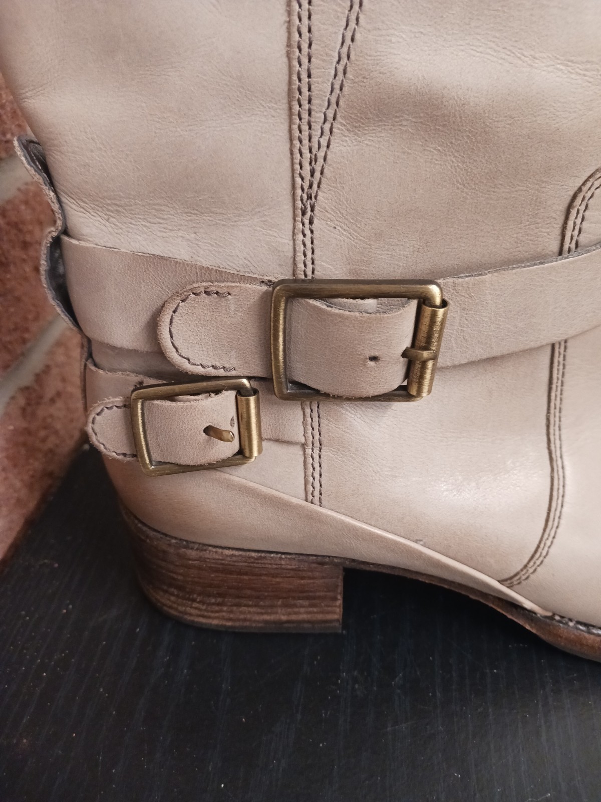 Clark Women’s Ankle Boots Monica Soul Taupe Slip On Leather Staps Buckles Size9