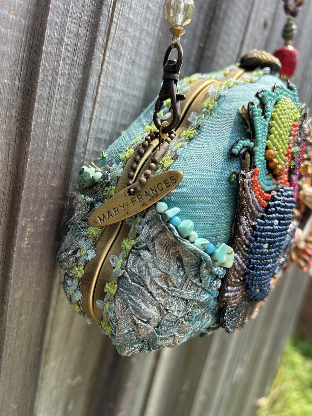 Mary Frances Blue Beaded Embroidered Sea Life Kiss Lock Clutch w/ Strap