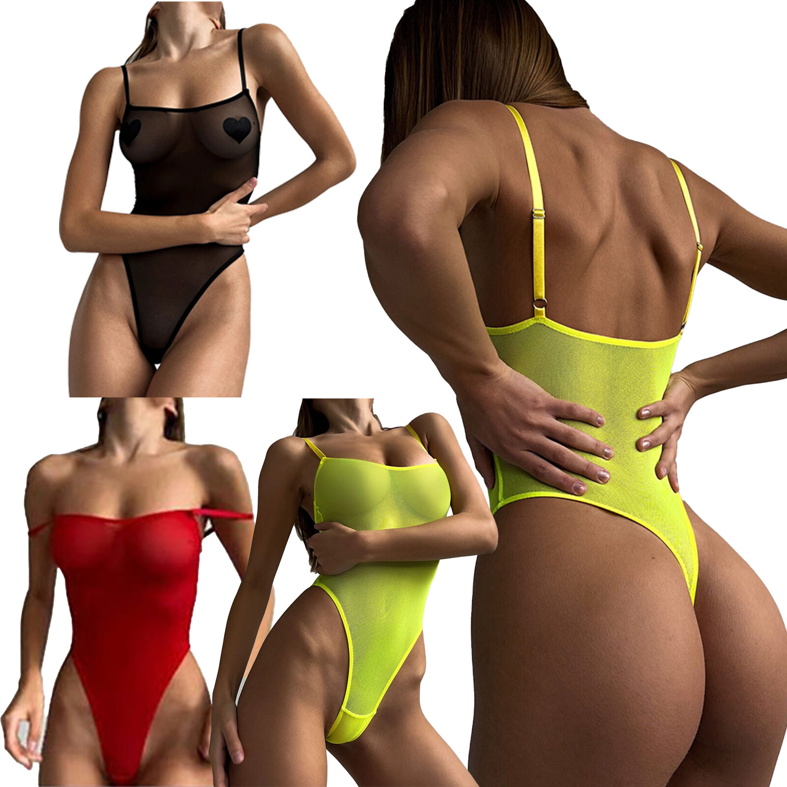 Women Mesh See Through High Cut Bodysuit Backless Adjustable One-piece Swimsuit