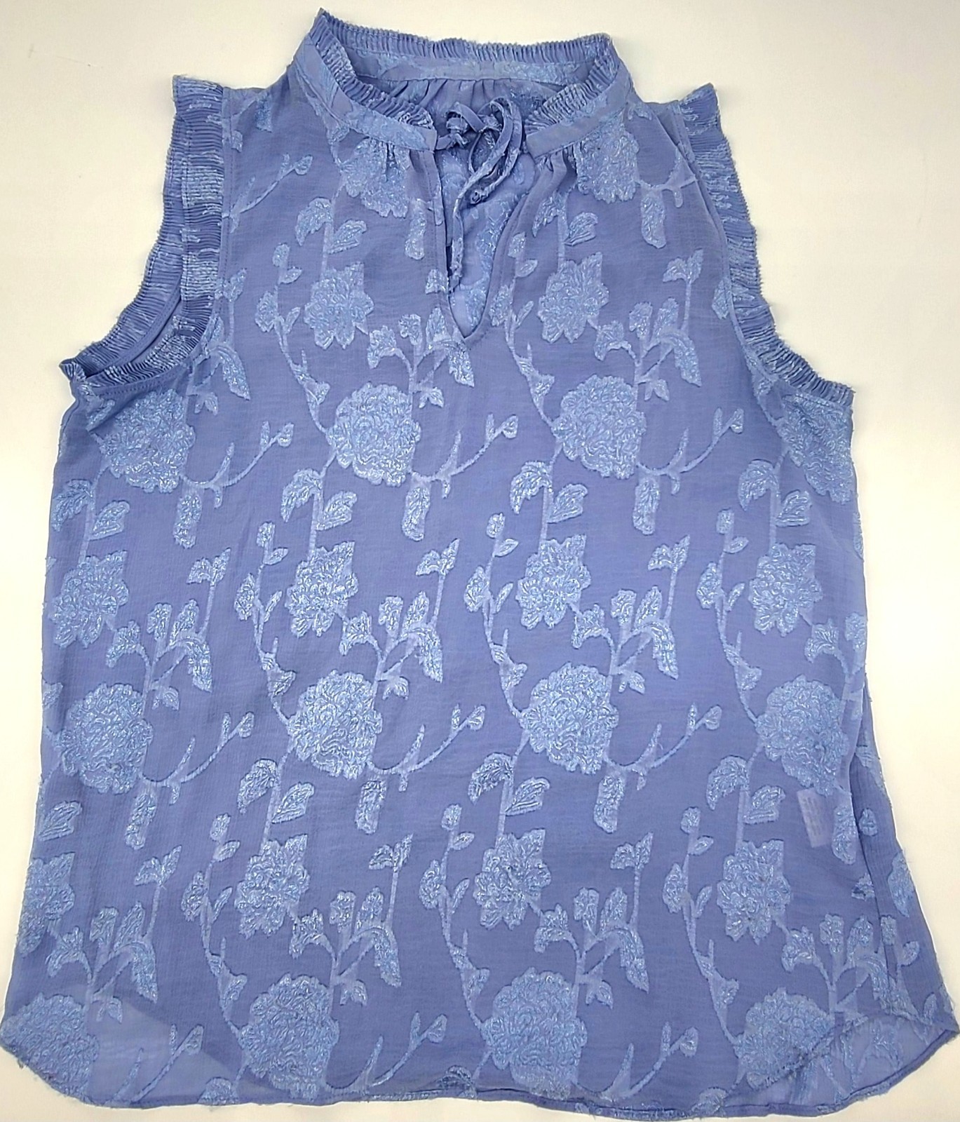 Rose & Olive Periwinkle Blue Floral Burnout Sheer Sleeveless Ruffle Blouse Top M