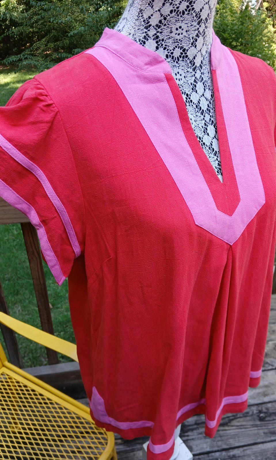 UMGEE Red & Pink V-Neck Dolman Short Sleeve Contrast Trim Blouse Linen Top Med