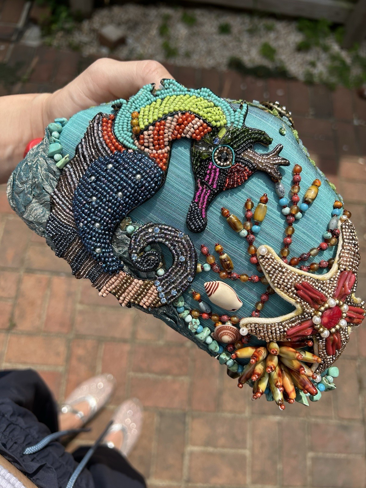 Mary Frances Blue Beaded Embroidered Sea Life Kiss Lock Clutch w/ Strap