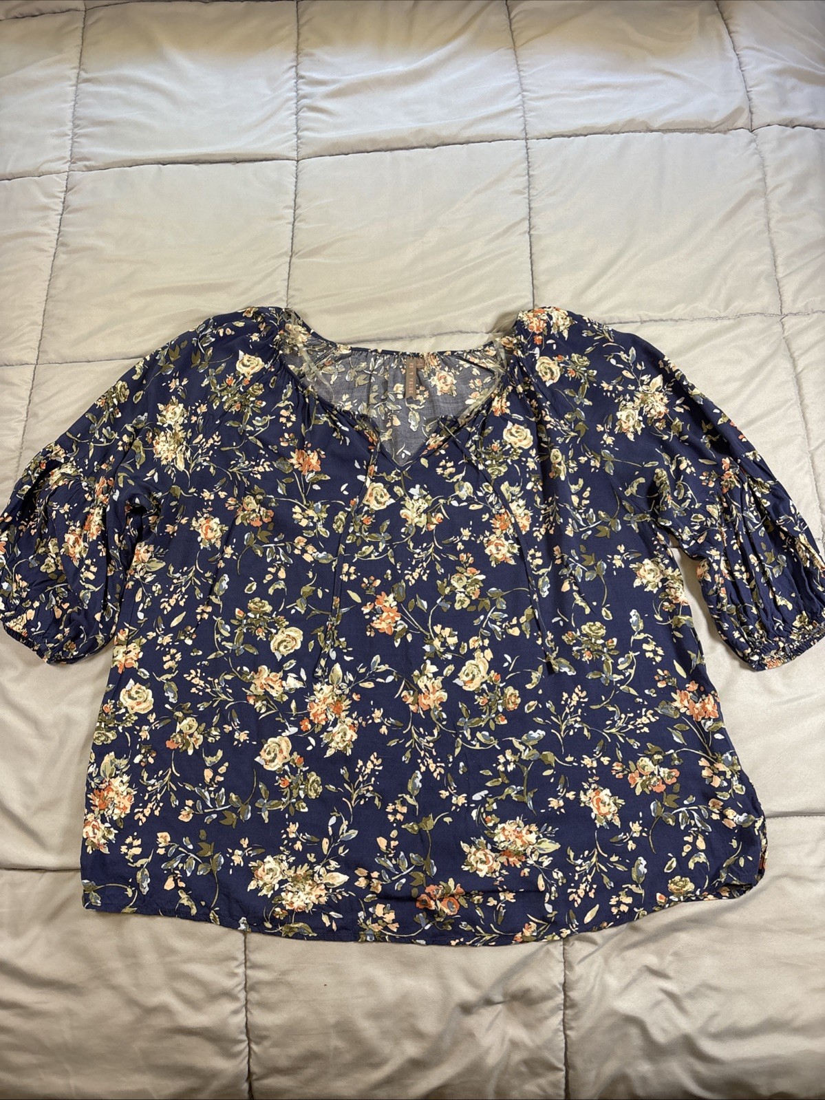 Brina & Em Blouse Women’s 1X Blue Printed 3/4 Sleeve Boho Keyhole Top Shirt