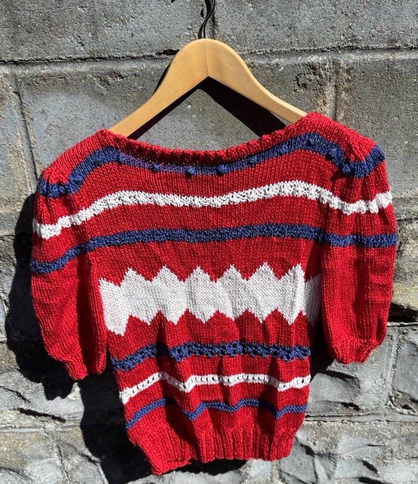 Vintage 80s Striped Sweater Batwing Dolman Sleeve Virgin Acrylic Sz S Hand Knit