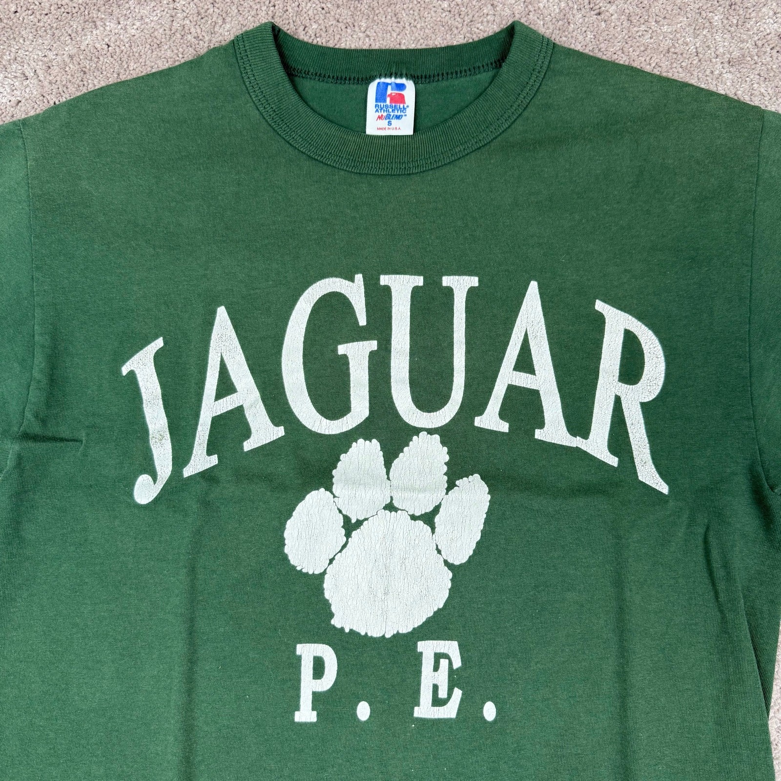 Russell Athletic Size S Green Jaguar PE Single Stitch Graphic Tee Vintage USA