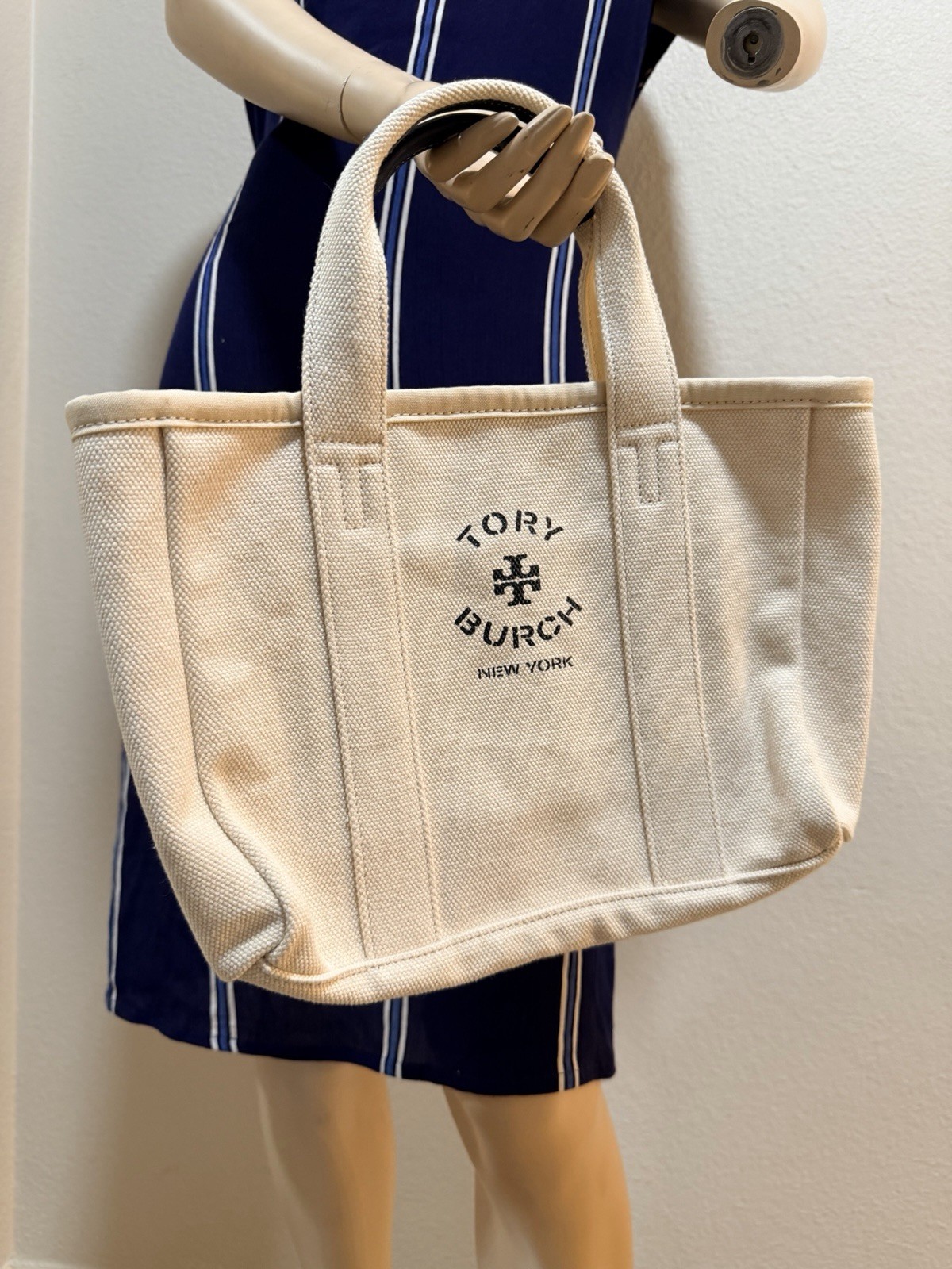 Tory Burch Women’s Beige Canvas Logo Tote Bag Top Handle, Beige Strap
