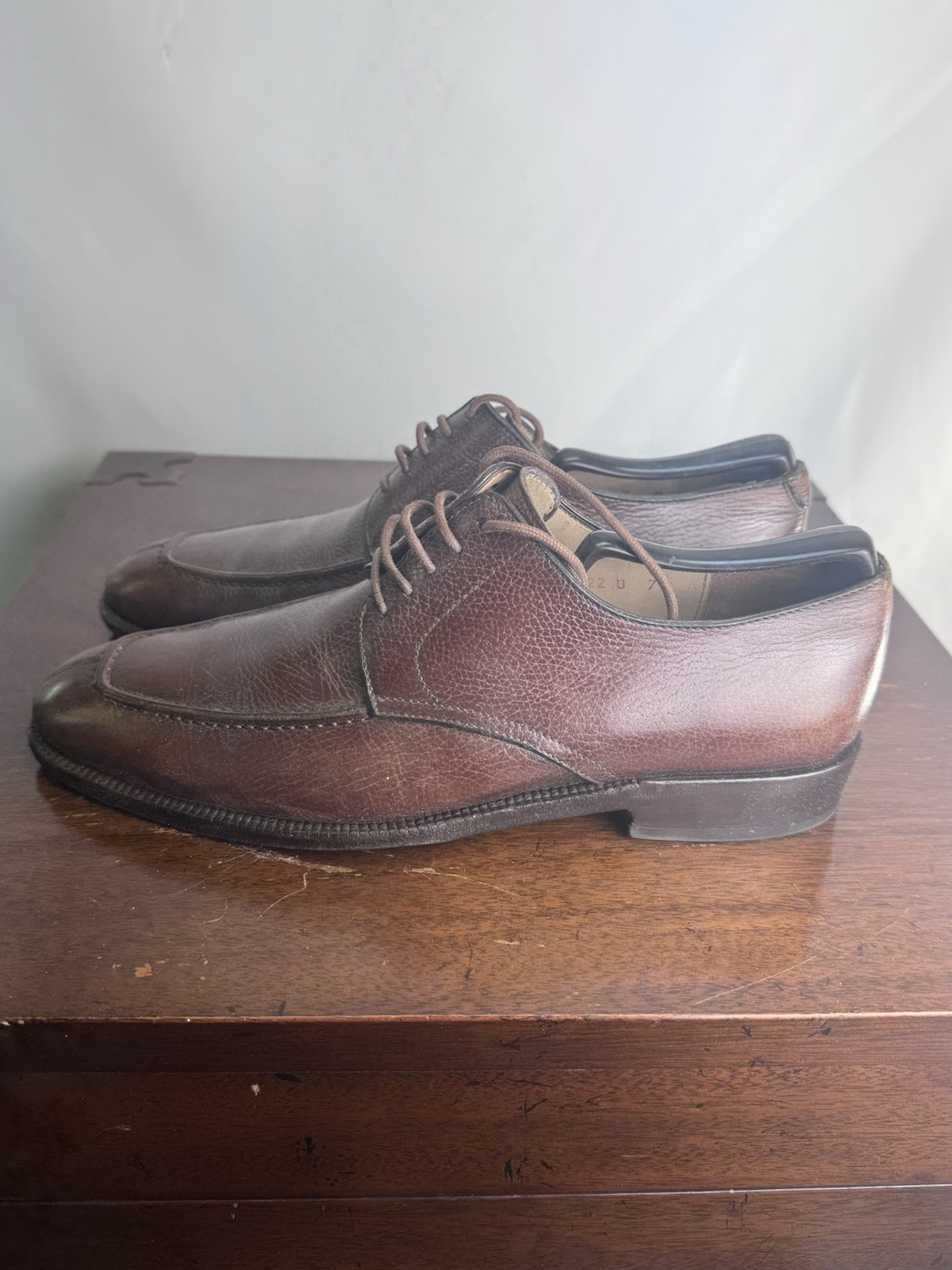 SALVATORE FERRAGAMO MEN’S US 7 D BROWN PEBBLE LEATHER CALF SPLIT TOE LACE UP BOX