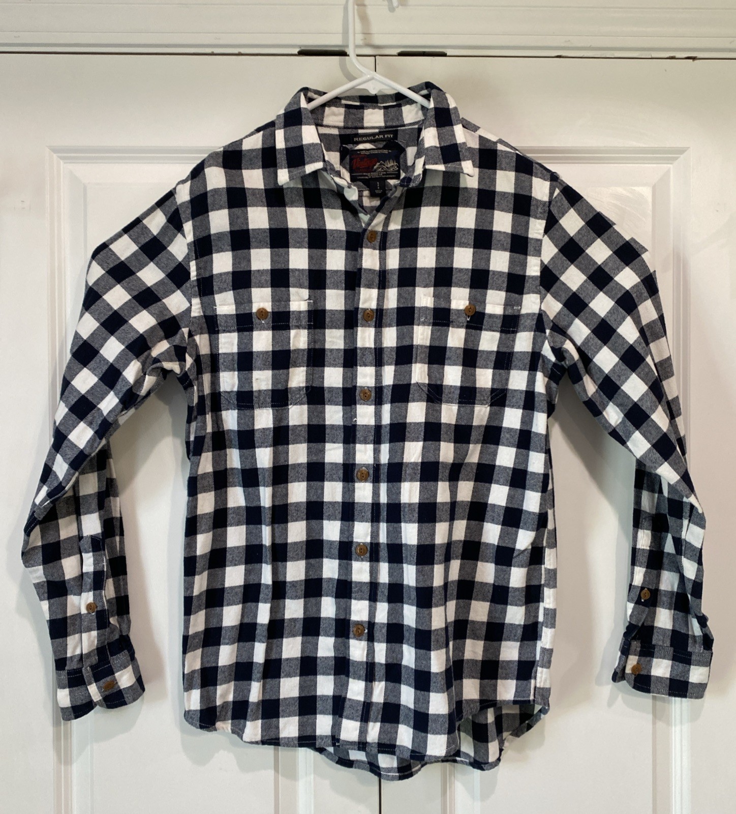 Old Navy Vintage Style Flannel Shirt Small Regular Fit Black White Plaid Gingham