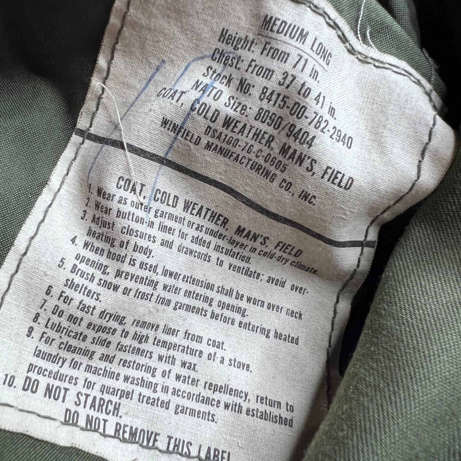 Vintage 1976 US Military M-65 Field Jacket Winfield Olive Drab Medium Long Liner