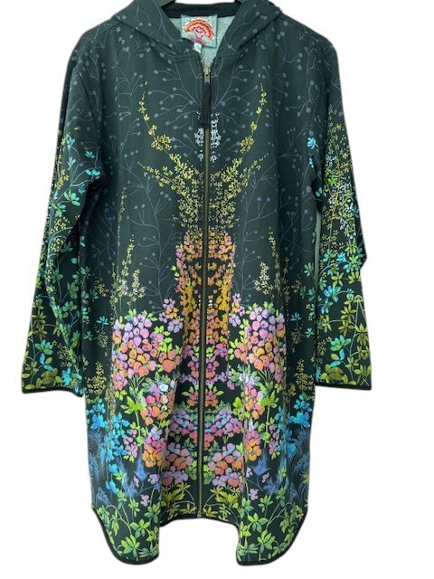 Johnny Was Magic Garden Long Hoodie Coat Cotton Floral Zip Jacket Navy Blue NEW
