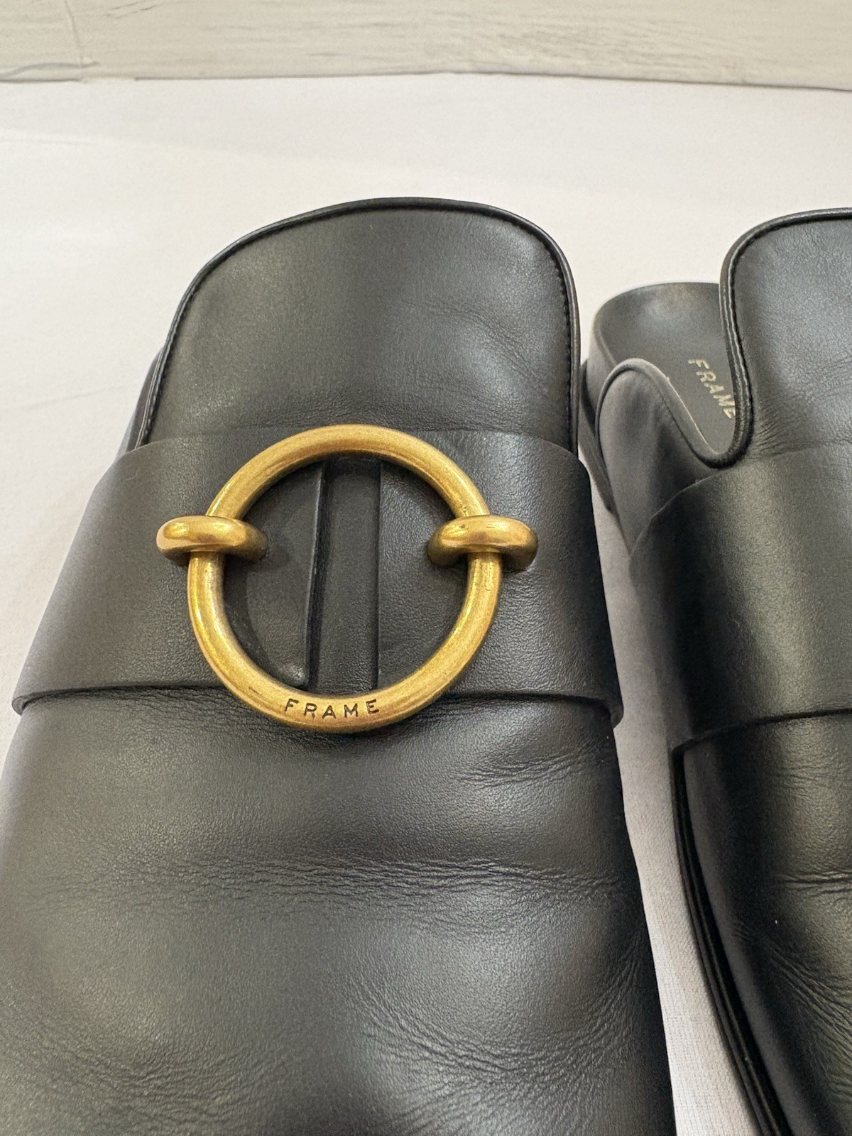 $398 FRAME Spain Le Aspen Black Leather Flats Mules Clogs Shoes Sz 38.5 EU 8 US
